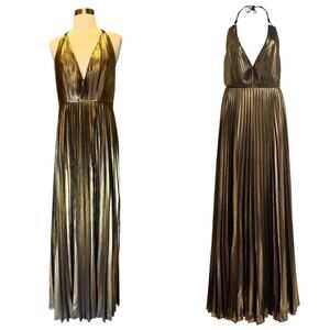 AIDAN MATTOX Pleated Folied Chiffon Halter Gown Bronze Metallic Maxi 4 EUC